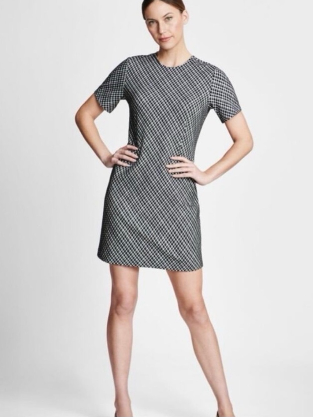 Spanx L Jacquard Checkered Short Sleeve Shift Ponte Stretch Mini Dress